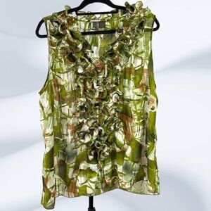 Serenade NY Womens Green Brown Ruffled Slvless Fit Flare Button Top Size 1XL